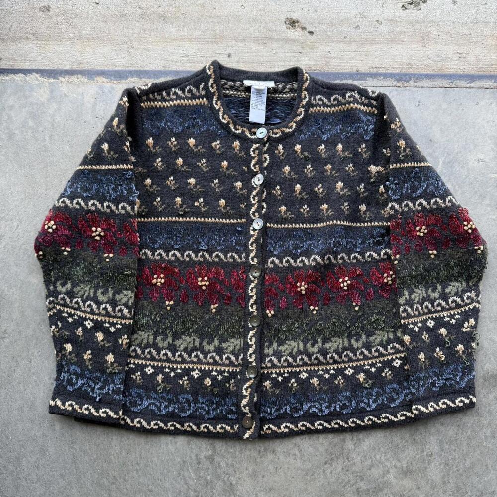 VTG Talbots Multi Color flower Wool blend knit cardigan women’s petite medium
